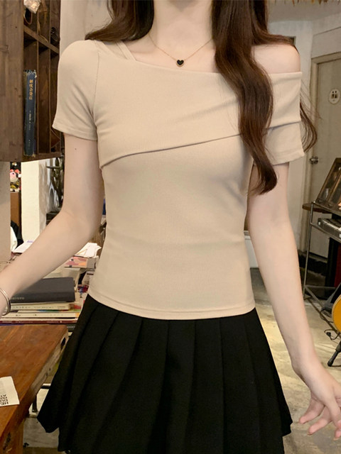 Pure Desire Sweet Spicy Girl Off-Shoulder Short Sleeve T-Shirt for Women, Summer Fashion Versatile One-Shoulder Slim Fit Top, Ins Style