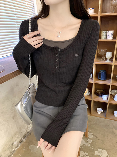 Apricot-Colored, Gentle and Elegant, Slim-Fitting Long-Sleeved T-Shirt for Women, New Autumn Style, Fake Two-Piece, Half-Open Collar, Slim and Unique Base Shirt
