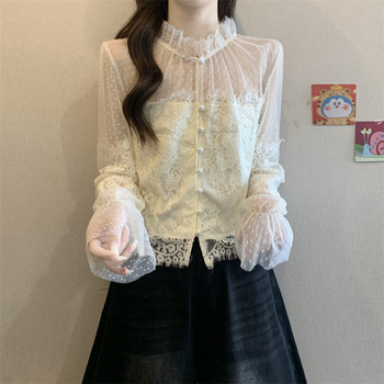 French-Style High-End Lace Spliced Mesh Shirt for Women 2026 Spring Polka Dot Design Waist-Cinching Short Shirt Top