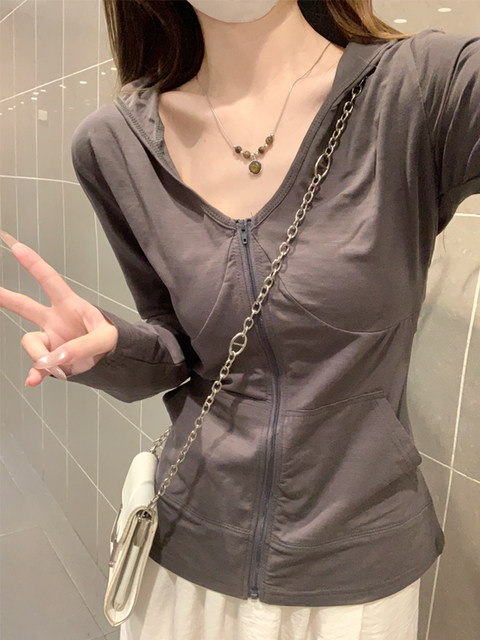 Korean Chic White Hooded Sun Protection Cardigan for Women, Summer Slim-Fit Thin Long-Sleeve T-Shirt, Sexy Fishbone V-Neck Top