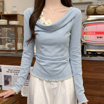 Korean-Style Chic 3D Floral Drape Collar Long-Sleeve T-Shirt for Women, Summer Fashion, Faux Two-Piece, Gentle and Slim-Fitting Top