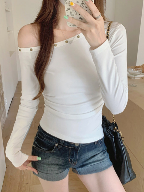 American-Style Spicy Girl Off-Shoulder Studded Long-Sleeve T-Shirt for Women, Spring Pure Desire White Waist-Cinching Slimming Off-Shoulder Base Top