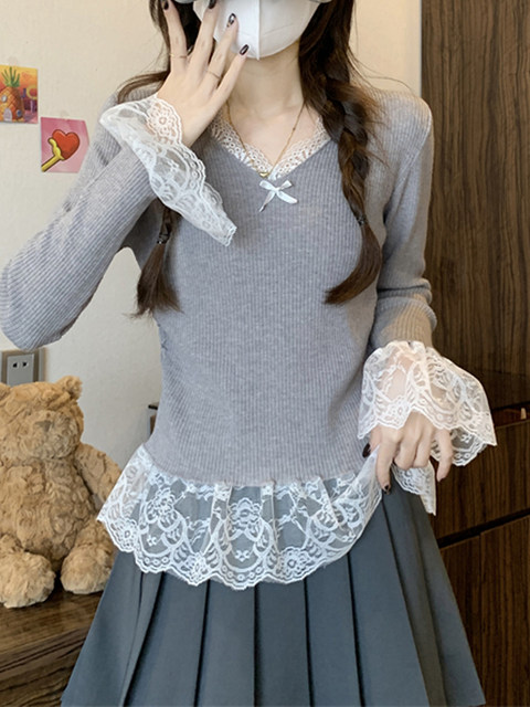 Stylish and Unique Bow-Tie Blouse for Women, Autumn and Winter Lace Patchwork Faux Two-Piece Chic High-End Top