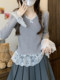 Stylish and Unique Bow-Tie Blouse for Women, Autumn and Winter Lace Patchwork Faux Two-Piece Chic High-End Top
