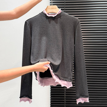 Trendy Retro Color-Blocked Faux Two-Piece Inner Layering Shirt for Women, Autumn and Winter, with Ruffled Edges, Unique and Elegant, Slim-Fit Brushed Top