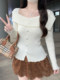 French-Style Sweet One-Line Neckline Ruffled Knit Top for Women, Spring Season, Button Design, Apricot Color, High-End Niche Top