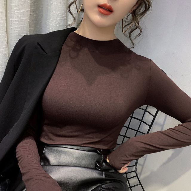 Half Turtleneck Base Shirt for Women 2024 Autumn New Basic Style Slim Fit Stylish Small Stand Collar Long Sleeve T-Shirt Women's Top