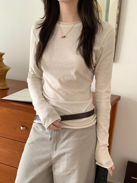 Korean Style Slim Fit Thin T-Shirt for Women, Spring and Autumn, Rolled Edge Design, Sun Protection Cover-Up Pullover Top ins