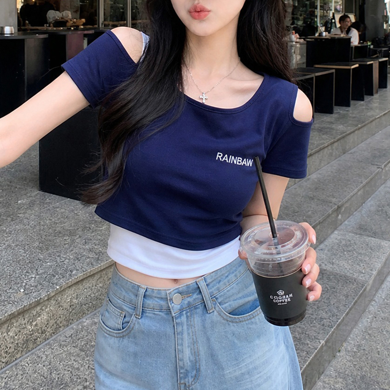 American Retro Fake Two-Piece Off-Shoulder Short-Sleeve T-Shirt for Women, New Summer Slim-Fit Design, Short Crop Top ins American Retro Fake Two-Piece Off-Shoulder Short-Sleeve T-Shirt for Women, New Summer Slim-Fit Design, Short Crop Top ins