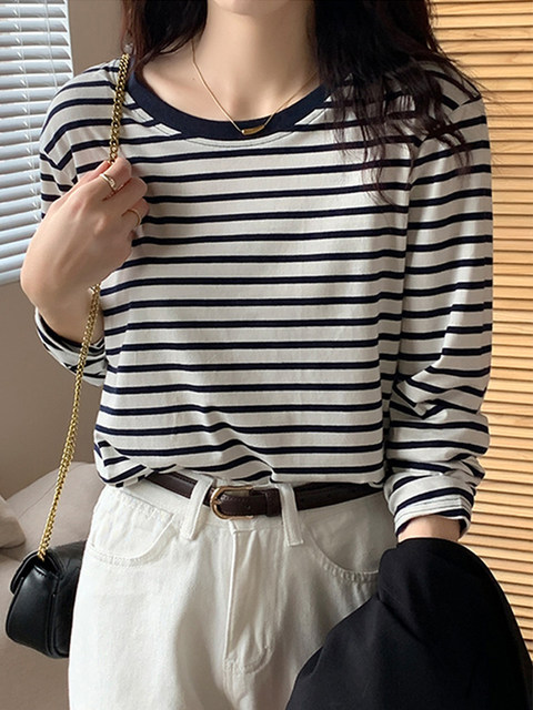 Chic Red and White Striped Round Neck Long-Sleeved T-Shirt for Women, Early Autumn New Korean Style Pure Cotton Color-Blocking Casual Loose Base Shirt