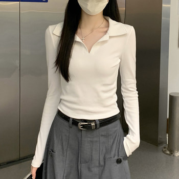 Casual and Stylish Slim-Fit Polo Collar Base Shirt for Women, Early Spring, Petite, Slimming, Versatile, Short, Elegant Top