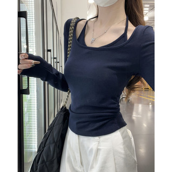 Pure and Gentle Style Inner Wear Long-Sleeve T-Shirt for Women 2025 Autumn and Winter Halter Neck Fake Two-Piece Design Pleated Short Top