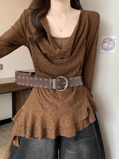 Autumn Spicy Girl Ruffled Neckline Fake Two-Piece T-Shirt for Women with a High-End Feel, Cinched Waist, Layered with Belt, Lace Top ins
