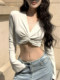 Pure lust hottie style V-neck twist bell sleeve T-shirt for women 2025 autumn sexy navel-baring short chic unique top