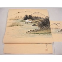 Écrivains motif de paysage peint à la main soie tissée Tsumugi obi Nagoya de neuf pouces ceinture kimono