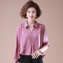 Middle-aged and elderly womens new foreign pistachio moms autumn clothing blouse blouse Mrs. genuine silk shirt loose big code suit