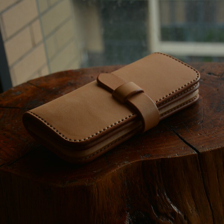 Leather workshop pure hand-stitched Italian vegetable tanned leather men's long version two-fold business wallet wallet collection