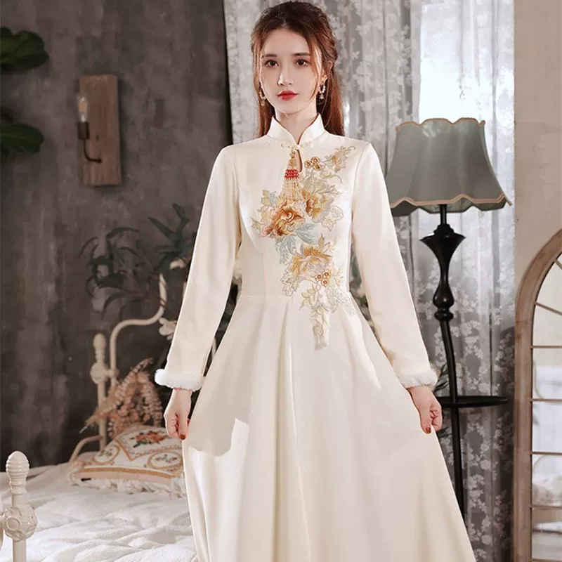 Winter bridesmaid dress, evening dress, skirt, long-sleeve, size, Chinese style