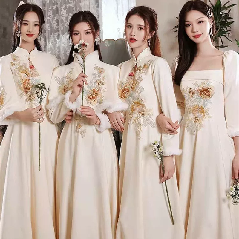Winter bridesmaid dress, evening dress, skirt, long-sleeve, size, Chinese style