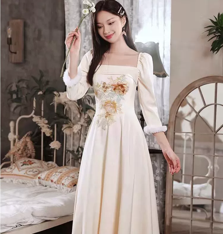 Winter bridesmaid dress, evening dress, skirt, long-sleeve, size, Chinese style