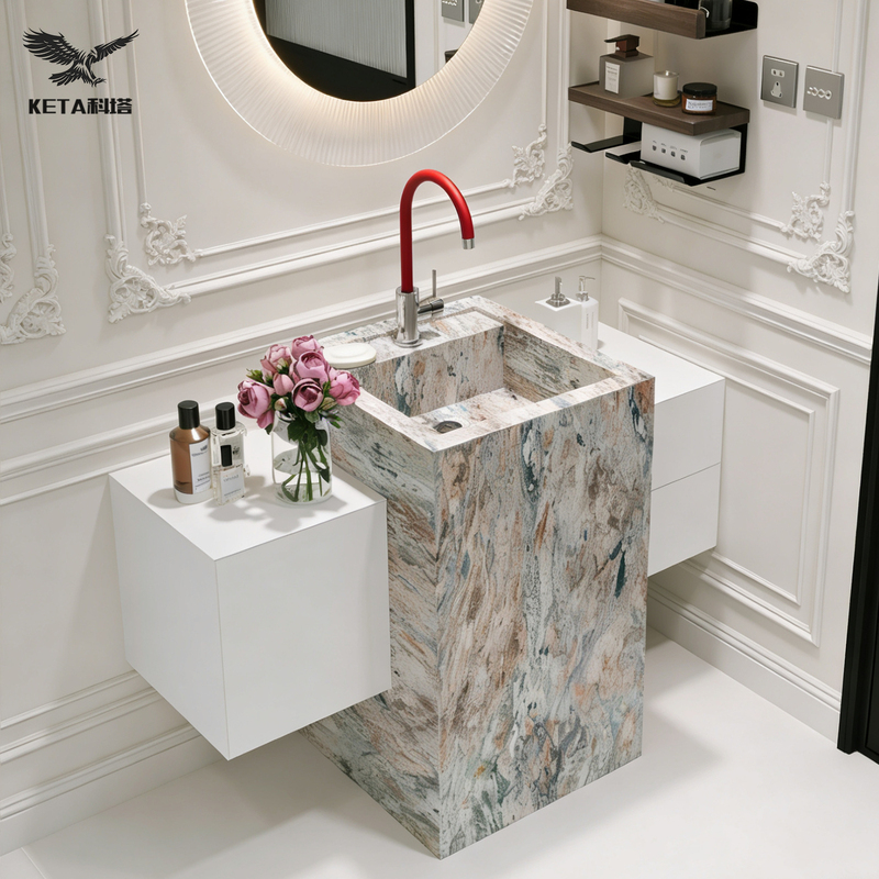 French-Style Light Luxury Monet Garden Four-Season Pink Slate Luxury Stone Basin Floor-Standing Designer Bathroom Cabinet with a High-End Feel