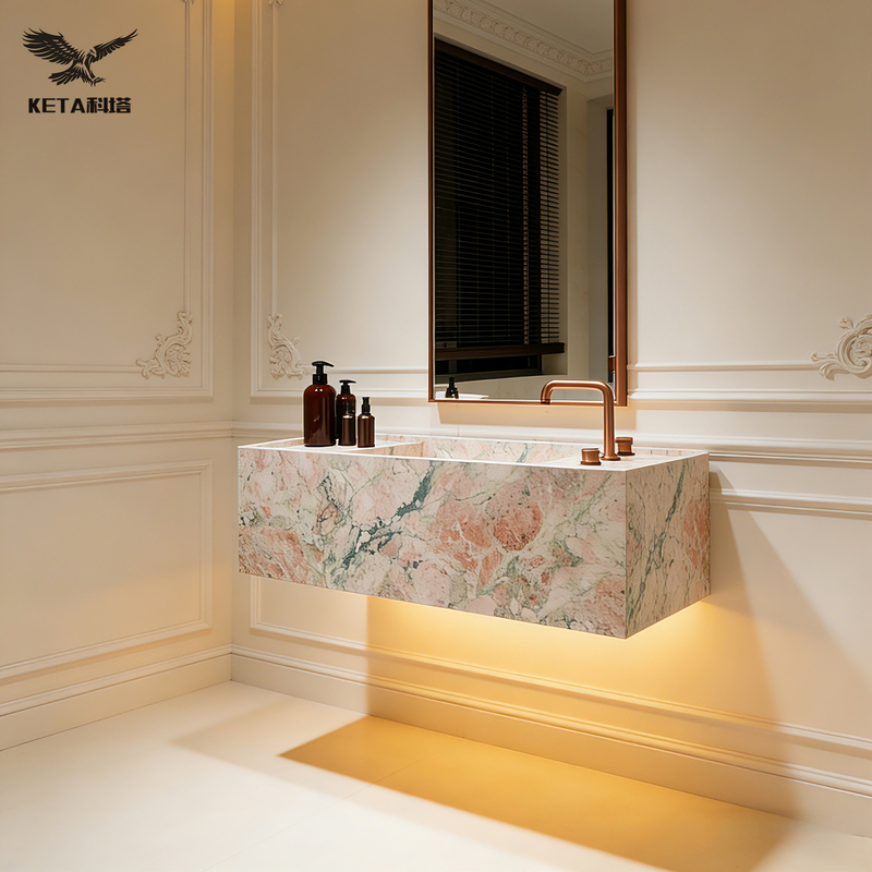 French-Style Cream-Colored Slate Luxury Stone Marble Monet Garden Four Seasons Pink Suspended Wall-Mounted Washbasin