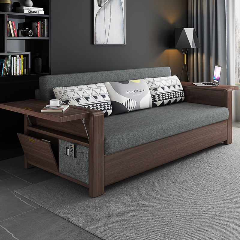 Sofa bed solid wood foldable telescopic dual-use small apartment single double new Chinese style living room multifunctional study bed