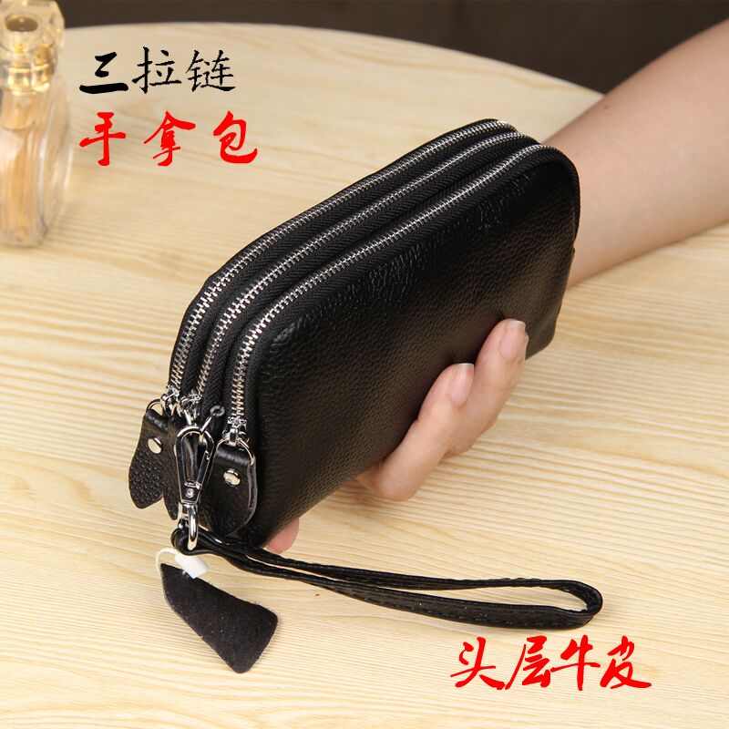 Leather three zipper long version wallet women's first layer cowhide large capacity clutch mobile phone bag coin purse clutch bag women