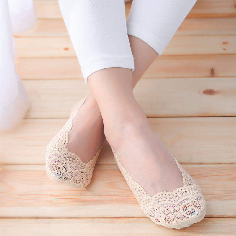 Lace No-Show Socks for Women, Non-Slip Silicone, Low-Cut, Seamless, Invisible Socks, 3D Lace Hollow Short Socks, Cotton Low-Cut Socks