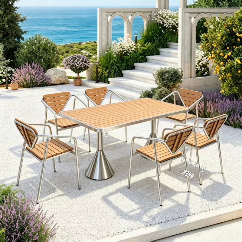 Iron and Plastic Wood Outdoor Tables and Chairs, Waterproof and Sun-Resistant, Suitable for Milk Tea Shops and Cafes, Commercial Rectangular Table Leisure Set Iron and Plastic Wood Outdoor Tables and Chairs, Waterproof and Sun-Resistant, Suitable for Milk Tea Shops and Cafes, Commercial Rectangular Table Leisure Set