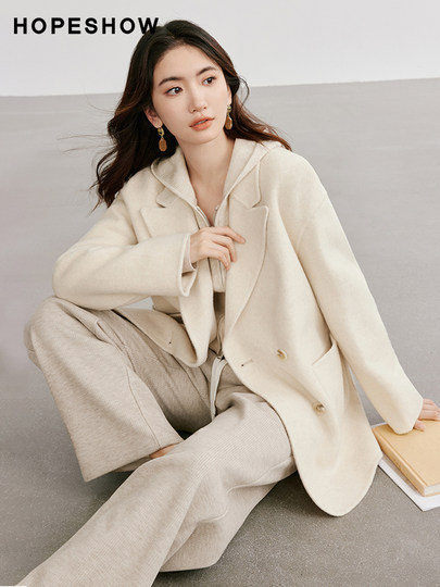 Roter Ärmel, lässiger Temperament-Wollmantel, Wintermode, neue Damen-Reverskragen, langes Haar, doppelseitiger Wollmantel