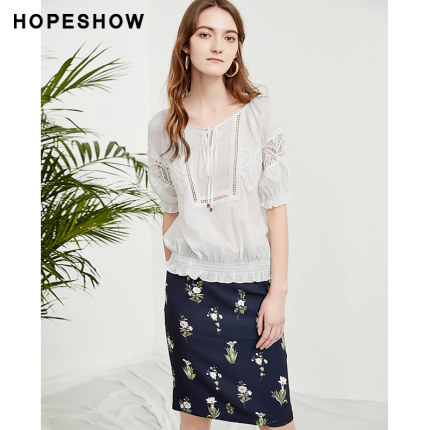 红袖女装2018夏装新款韩版百搭镂空拼接系带