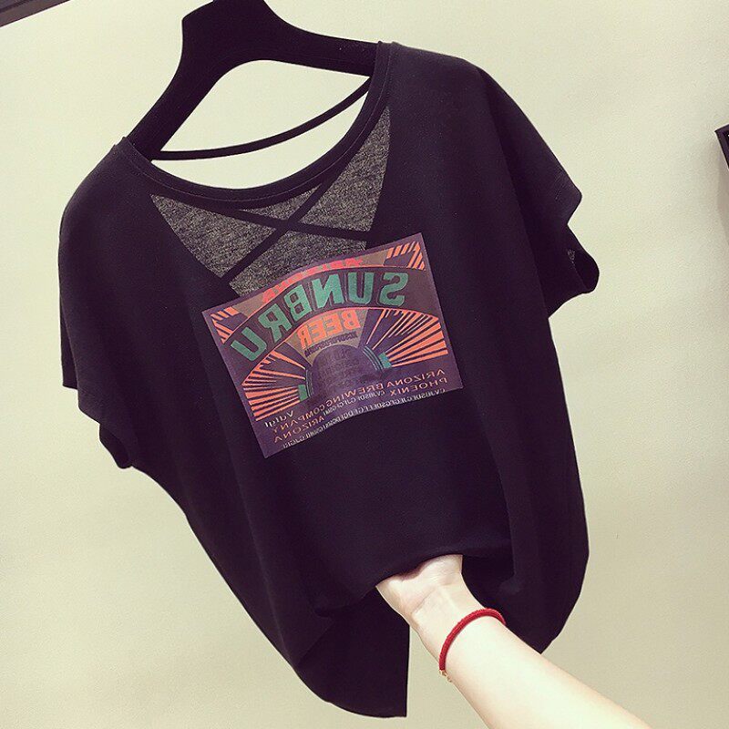 South Korean black short sleeve T-shirt female summer Korean version loose dew back care machine ice silk design sensical blouses