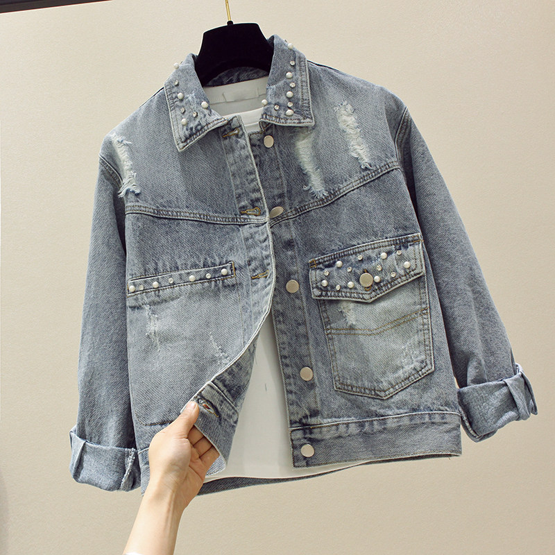 South Korean denim women's 2021 new spring and autumn Korean version loose with heavy work nails 100 hitch 100 hitch jacket female tide