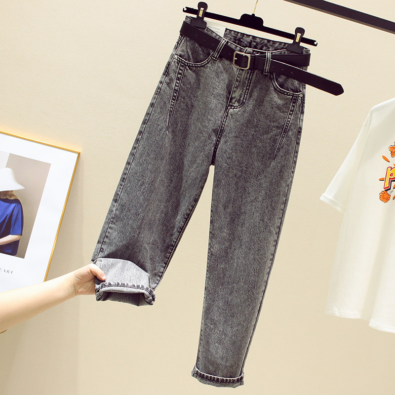 Korean high-waisted jeans women's 2020 spring new straight tube loose and thin nine points Harlan dad lob pants trend