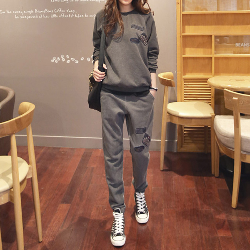 Korea Spring Autumn Loose 2022 New Plus Suede Grey Sweatpants Fashion Thick T-Shirt Sports Suit Women Casual Two-piece Style