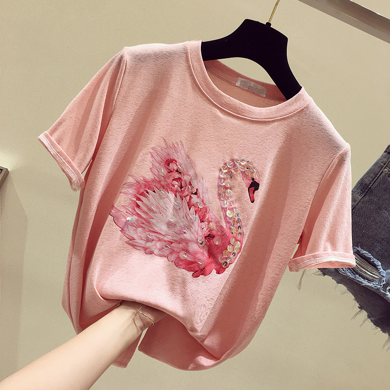 South Korea Pink Sequin Ice Silk Short Sleeve T-Shirt Woman 2021 Summer New Korean version Loose Design Sensation White Blouse Tide