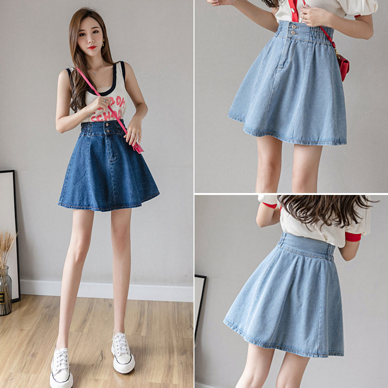 Korean Denim Half Body Dress Short Skirt Woman Summer 2022 New Fluffy Skirt Large Swing Umbrella Skirt With Slim High Waist A