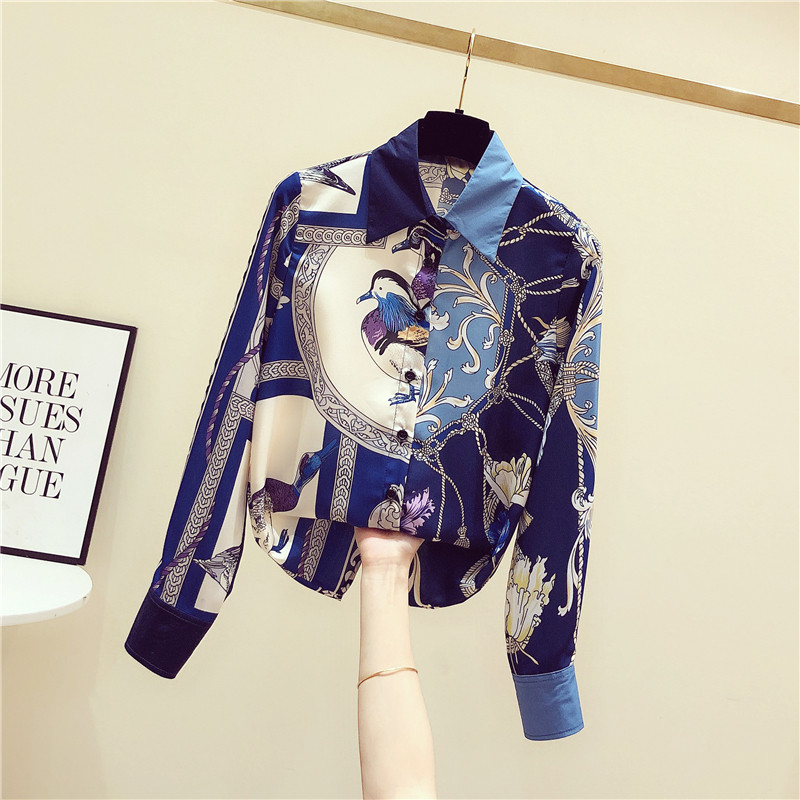 South Korea Retro Port Blizzard Spinning Printed Shirt Woman Spring Autumn 2021 New Korean Version Loose Design Sensation