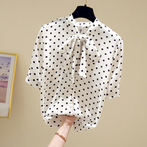South Korea 2021 New Yangqi Fashion Wave Point Short sleeves Snow Textile Shirt Women Summer Design Feel Slim blouses