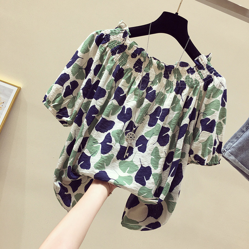 Korean one-shoulder top women's short-sleeved 2021 new summer Korean version loose short style Western style floral off-the-shoulder chiffon shirt