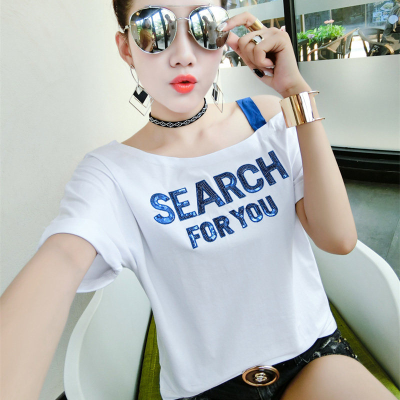 South Korean summer dress 2021 new Korean version with a shoulder T-shirt female short sleeve loose 100 lap T-shirt with a white blouse