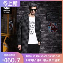 GENANX Lightning Tide Brand Plaid Windbreaker Korean version of loose thick print suit collar mens windbreaker medium and long coat