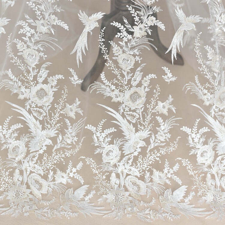 Schöner Blumen vogel Besticktes Spitzens toff, Romantische Hochzeits pailletten, DIY-Kleid, Hochwertig, RS1639 – Detail 5
