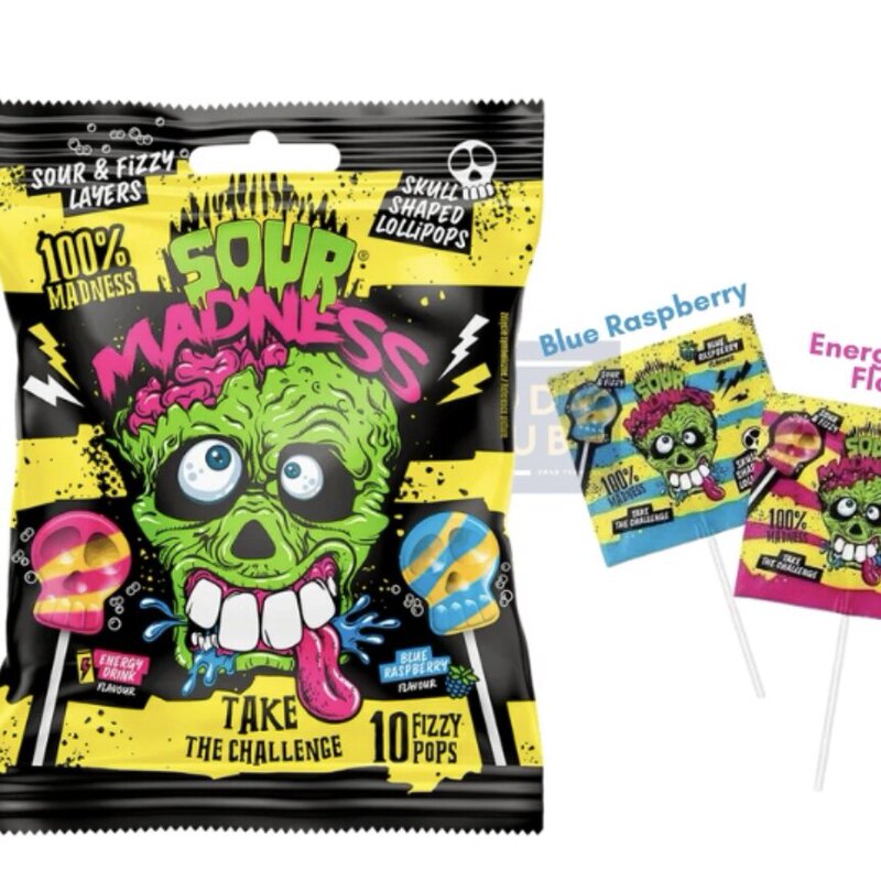 American Sourfizzy Sour Candy Skull Lollipop Blueberry Energy Drink Dual Flavor Halloween Candy
