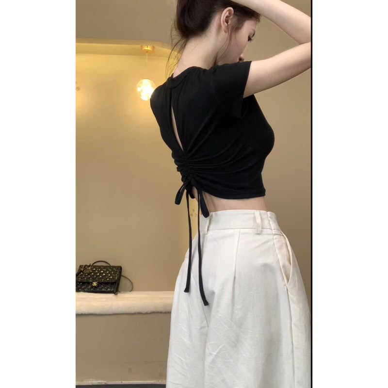 Pure Cotton Black Short-Sleeved T-Shirt for Women, Summer 2025 New Design, Niche Style, Backless Tie-Up Slimming Top