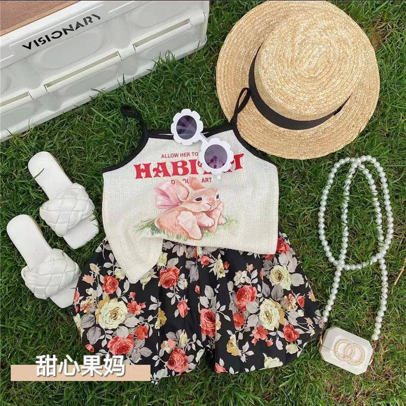 Han Edition Two Piece Summer Girl Cute Cartoon Printed Lifts Girls Baby Broken Flower Pants Set