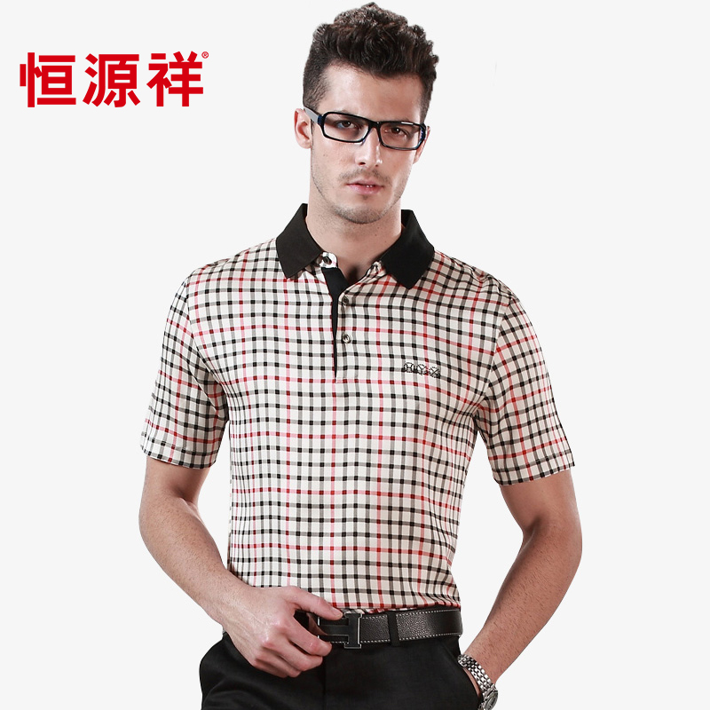 Hengyuan Xiang Men's short sleeve T-shirt flip-collar business middle-aged mulberry silk men's clothing summer half-sleeve plaid high-end T-shirt