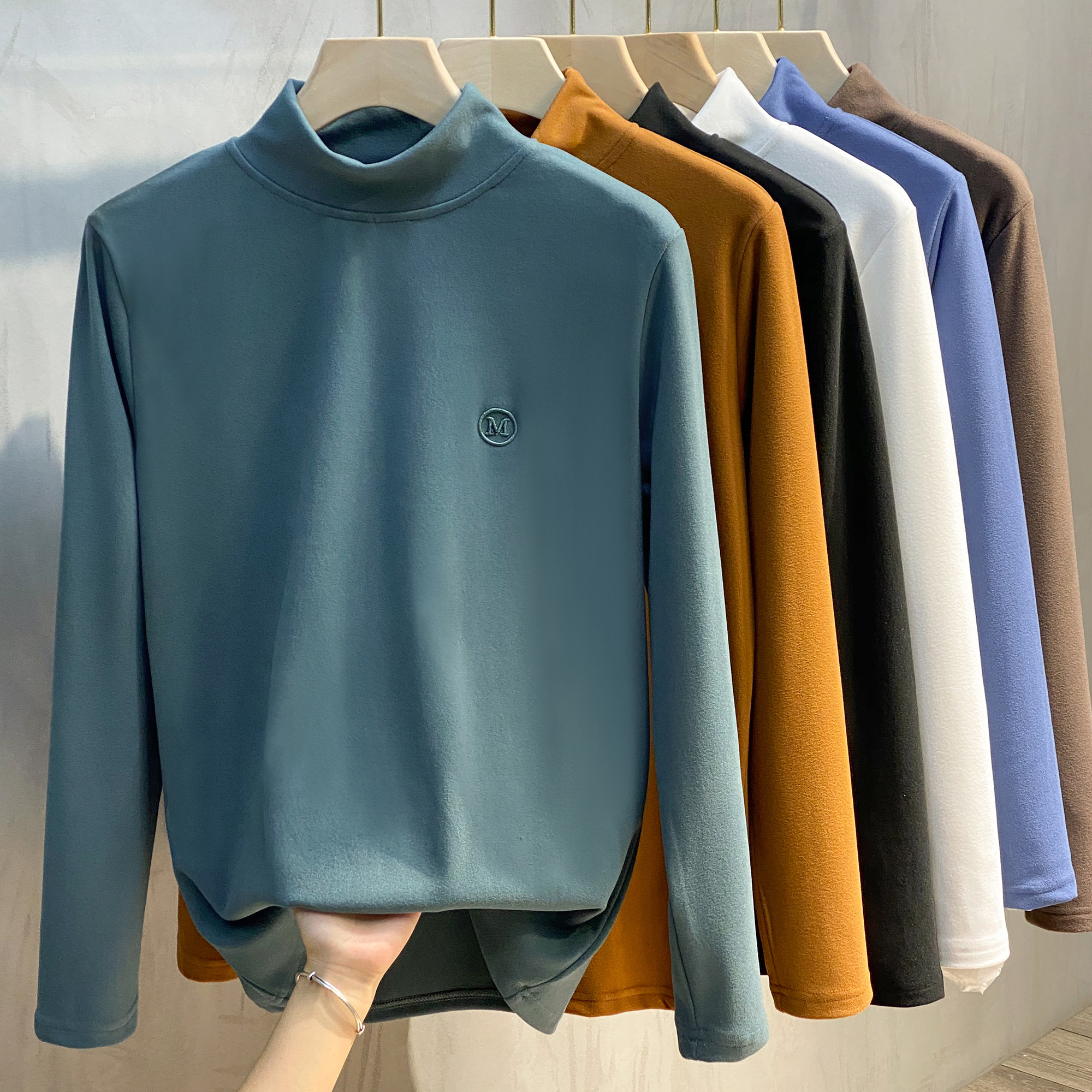 Autumn and winter Semi-high collars Thickened Beat Undershirt Male two-sided Develte Han Neung stay warm in the collar Long sleeves T-shirt blouses
