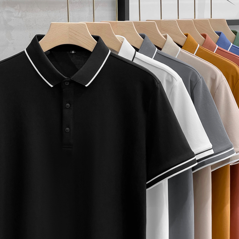 2026 New Spring and Summer Ice Silk Cotton High-End Polo Shirt Men's Short-Sleeved Business Fine-Line Lapel T-Shirt Top